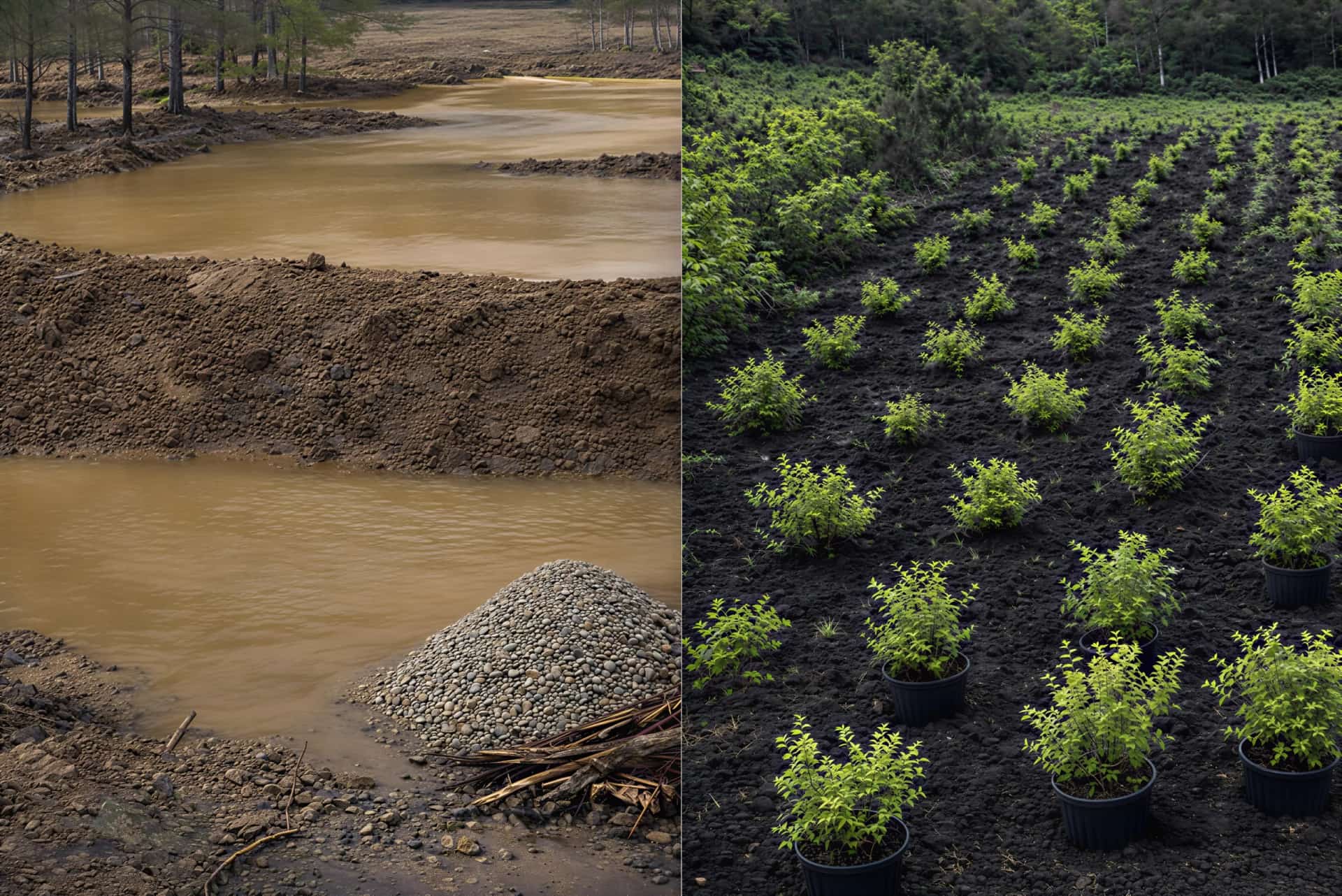 Photographie en deux moitiés : à gauche une eau acide orangée et une terre nue parsemée d'arbres morts ; à droite de jeunes plants, certains encore dans leurs pots, alignés sur un sol sombre jusqu'à la lisière de la forêt.